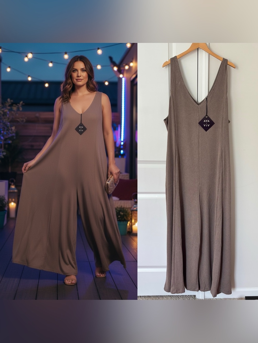 Ava & Viv Women's Knit Wide Leg Jumpsuit in heather brown size 4X